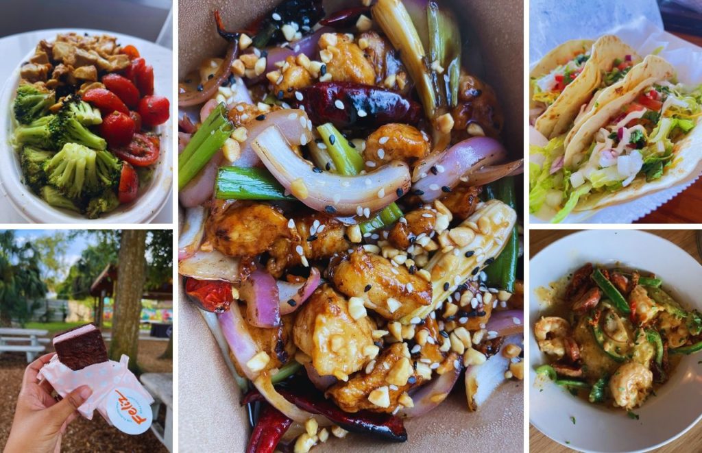 Photo collage of the best food in Gainesville Florida from fresh bowls, tacos, Asian cuisine, seafood and ice cream. Keep reading to find out more about outdoor dining in Gainesville.