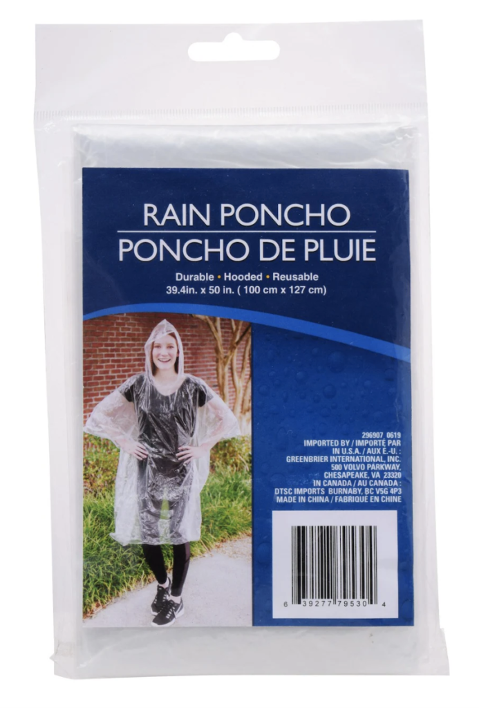 Clear pack of rain ponchos from the Dollar Tree. One of the best rain ponchos for travel.