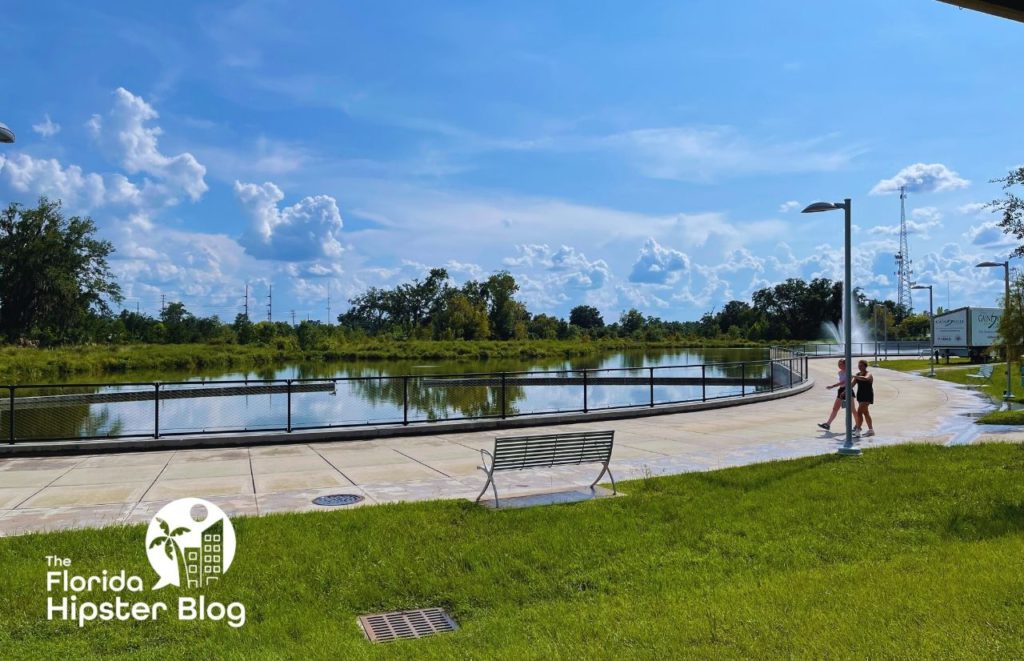 Depot Park Gainesville Florida with water feature and promenade to walk on. Keep reading to find out the Gainesville things to do.