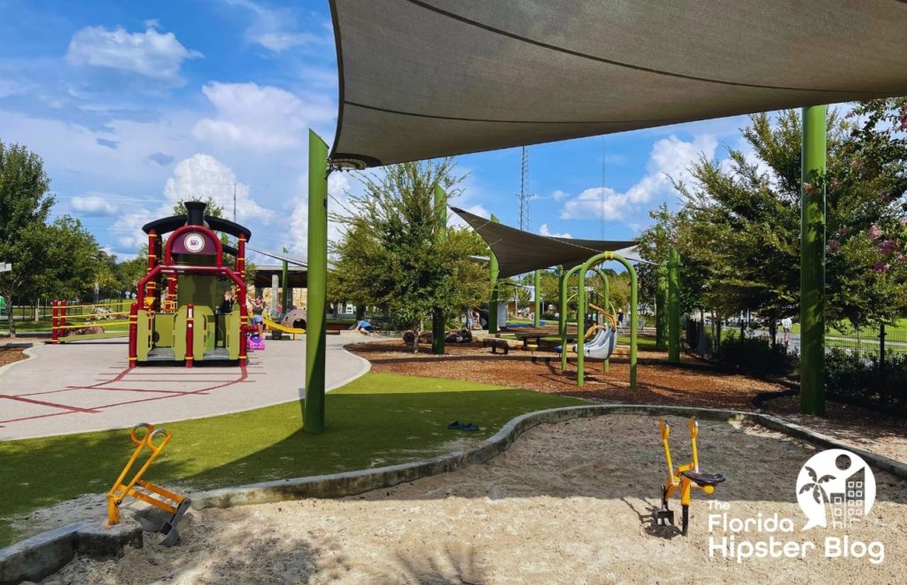 Depot Park playground in Gainesville Florida with train. Keep reading to discover more fun things to do in Gainesville that’s free. 