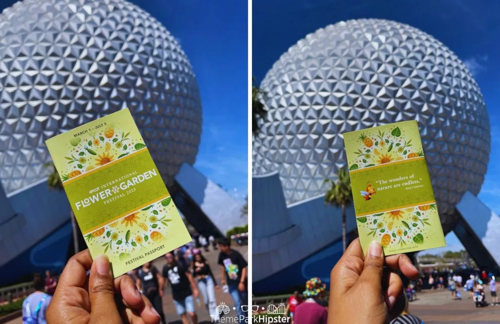 Epcot Flower and Garden Festival 2023 Menu in front of Spaceship Earth. Keep reading to get the best souvenirs from Florida.