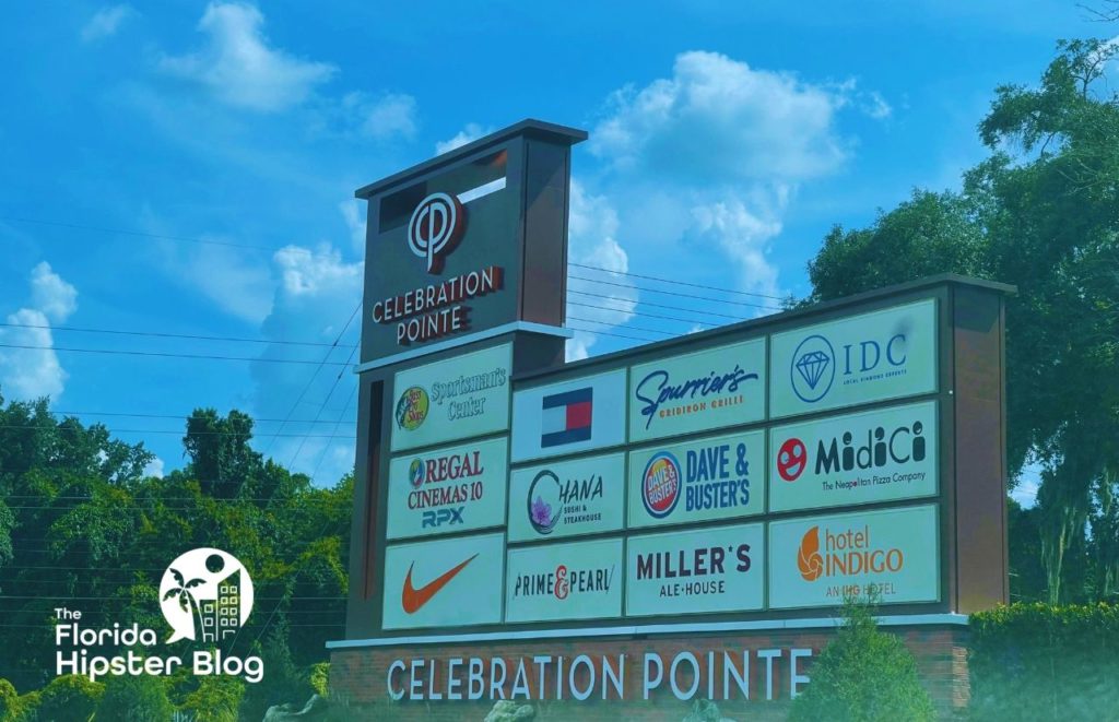 Gainesville Celebration Pointe Entrance with a sign full of all the. Fun things to do at Celebration Pointe Gainesville, Florida. Keep reading to learn the best things to do in Gainesville Florida.