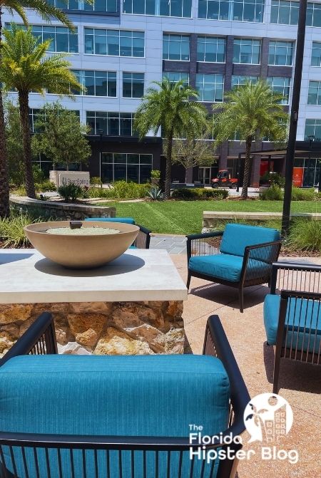 Gainesville Hotel Indigo firepit area and outdoor seating. Keep reading to find out all you need to know about the best hotels in Gainesville.