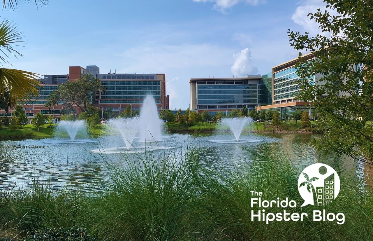 Hotel Eleo water fountains on pond at University of Florida