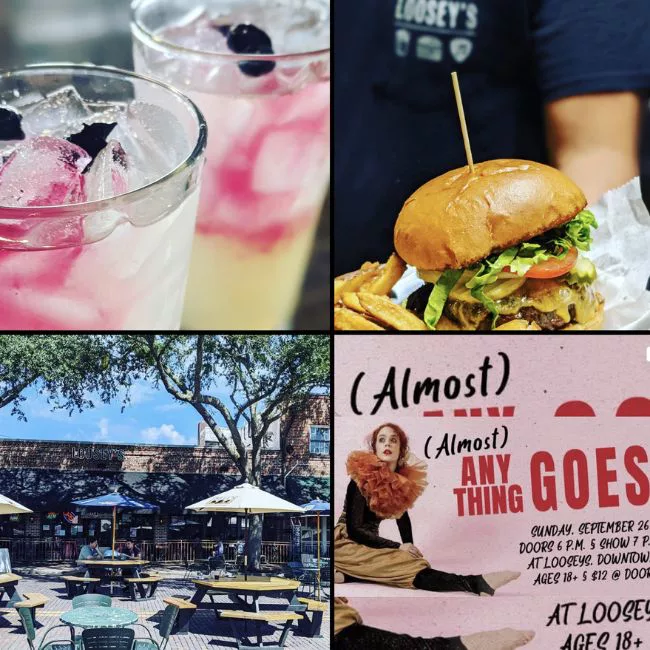 Loosey's Restaurant Instagram page photo. of a pink cocktail, burger, and outdoor seating. Keep reading to discover the best Gainesville bars. 