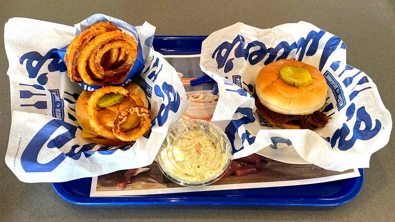 Lunch at Culver's with Onion Rings, Burgers, Cole Slaw and Pulled Pork