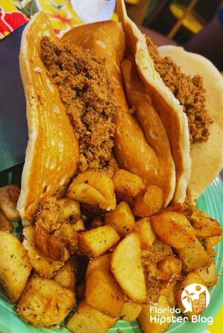 The Flying Biscuit Cafe Gainesville Florida Pancake Taco with beef and potatoes making it one of the best brunch in Gainesville.