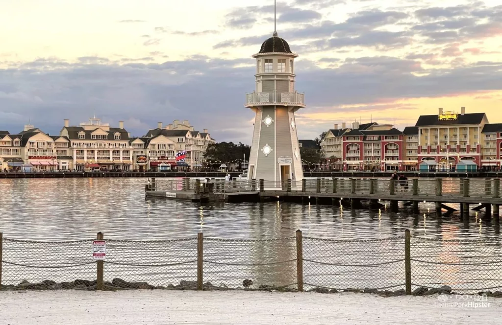 Christmas at Disney Boardwalk Inn and Villas over Crescent Lake. Keep reading to uncover date night ideas in Orlando. 