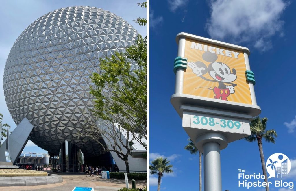 Photo of Epcot and Hollywood Studios with Spaceship Earth and Mickey Mouse. Keep reading to find out more date ideas in Orlando.