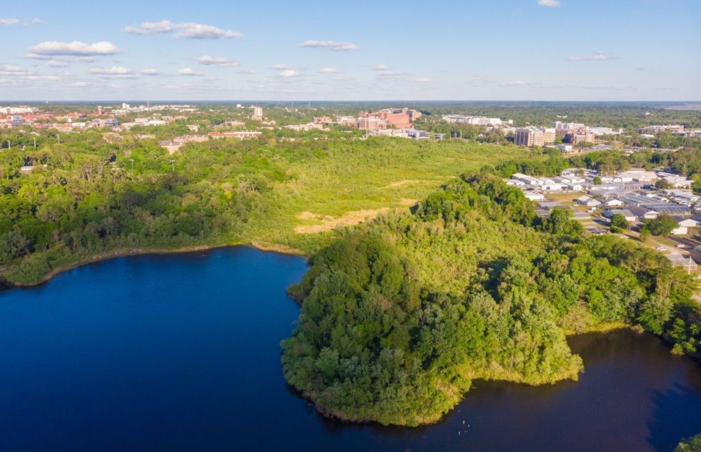 An overhead view of Lake Alice in Gainesville, Florida. Keep reading for more places to take a perfect day trip from Orlando, Florida. 