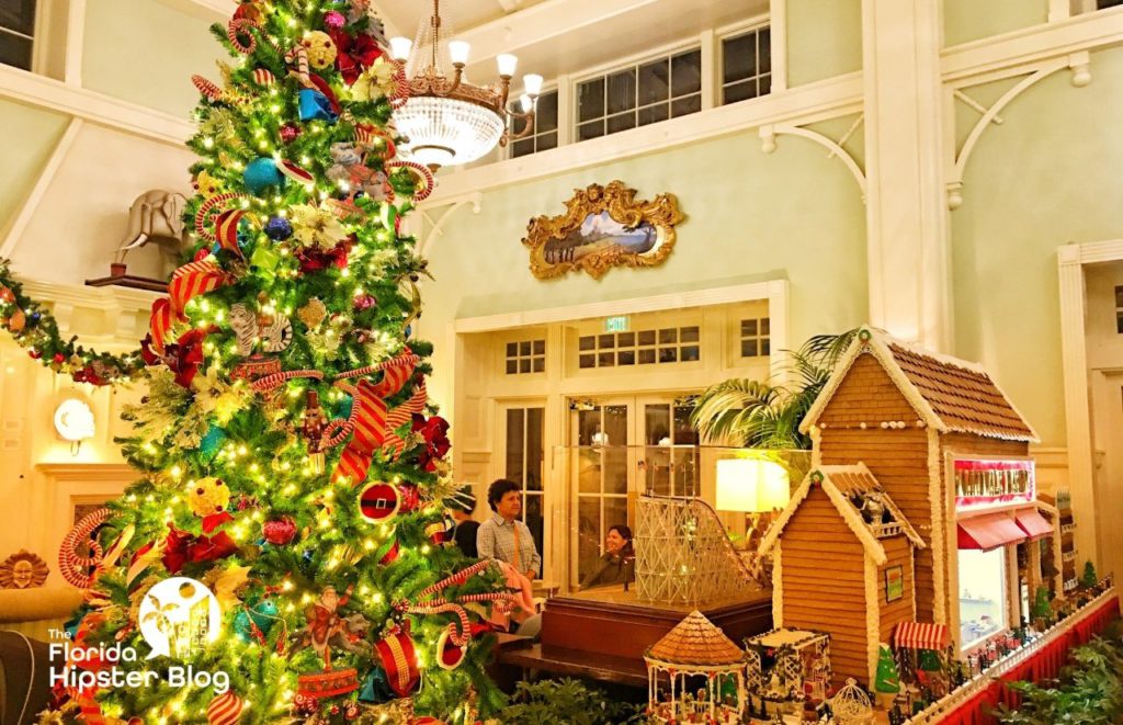 Boardwalk Inn Resort Christmas Tree and Gingerbread house at Walt Disney World. One of the best things to do in Florida at Christmas.
