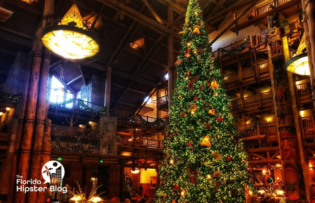Christmas tree in Disney Wilderness Lodge Lobby. One of the best things to do in Florida at Christmas.
