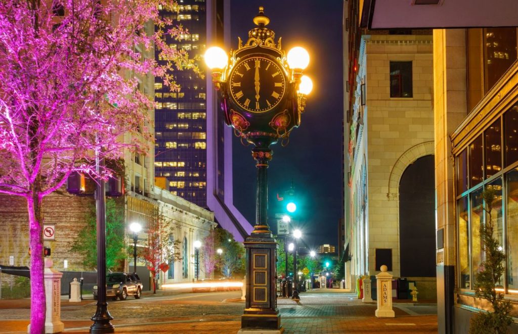 Jacksonville illuminated in lights at night. Keep reading to find out more things to do for Christmas in Florida. 