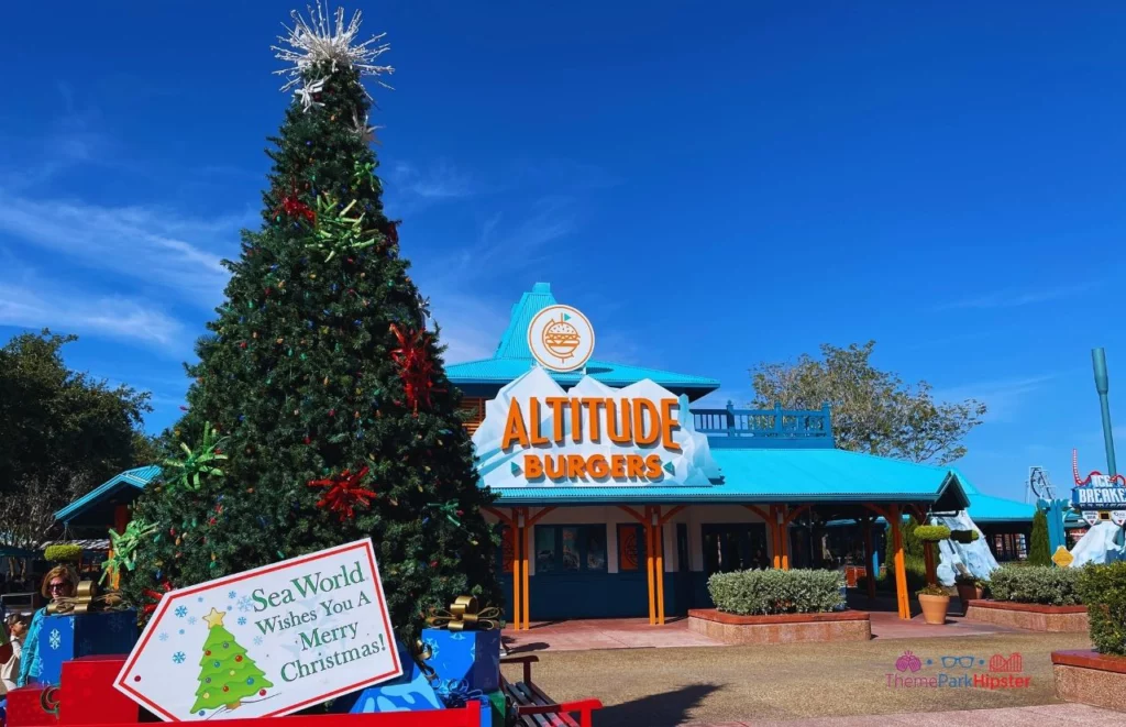SeaWorld-Christmas-Celebration-Holiday-Tree-in-Front-of-Altitude-Burgers. One of the best things to do in Florida at Christmas.