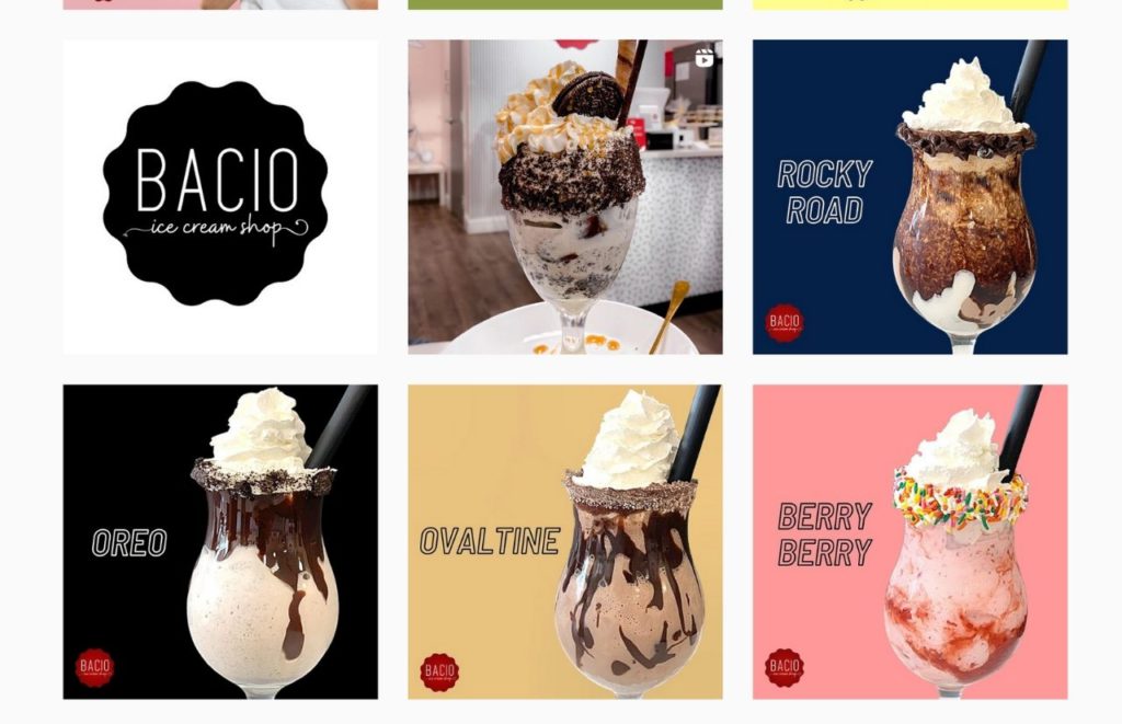 Bacio Ice Cream Shop Instagram page with featured sundaes. Keep reading to discover the best ice cream shops in Orlando. 