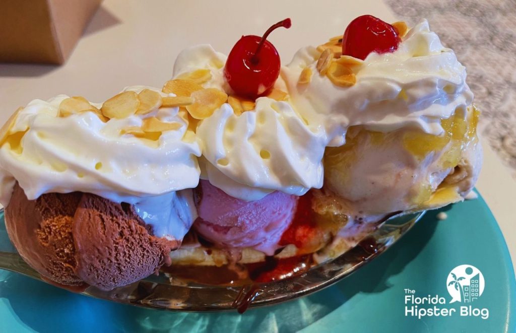 Beaches and Cream Soda Shop at Disney Beach Club Banana Split Ice Cream. Keep reading to learn more about Orlando desserts.  