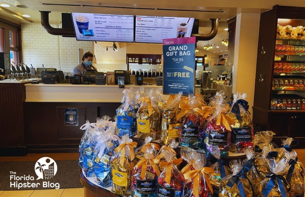 Ghirardelli Dessert Shop in Disney Springs with chocolate merchandise. Keep reading to find out all you need to know about ice cream in Orlando.