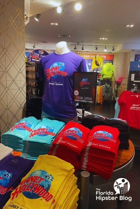 Planet Hollywood Shirts at  Disney Springs Orlando Florida. Keep reading to discover the kid friendly restaurants in Orlando.