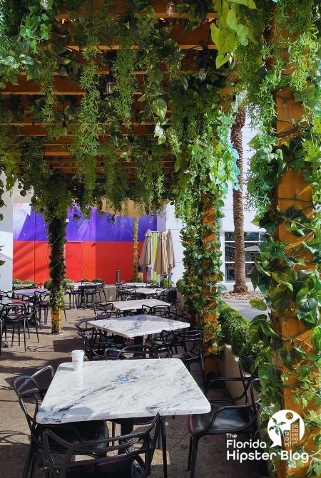 Sugar Factory outdoor seating area with lots of hanging foliage in Orlando Florida. Keep reading to find out all you need to know about the best kid restaurants in Orlando. 