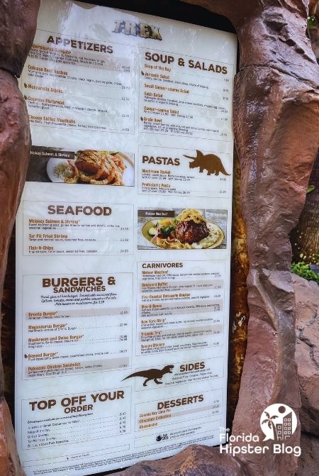 T Rex Cafe menu at  Disney Springs Orlando Florida. Keep reading to find out all you need to know about kid friendly restaurants in Orlando. 