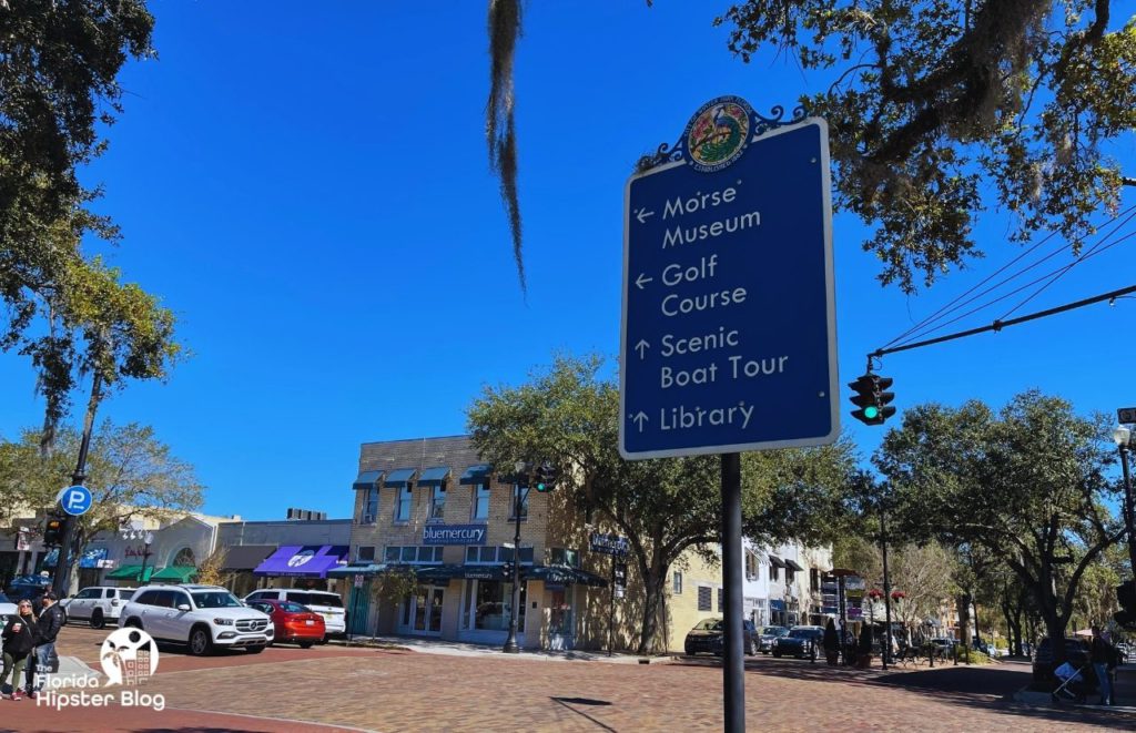 Winter Park Florida Sign to Morse Museum Scenic Boat Tour. Keep reading to find out more romantic getaways in Orlando.