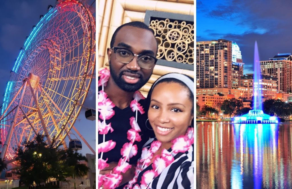 Photo collage of ferris wheel lit up at night, NikkyJ and her partner at Trader Sam's in pink flower leis and downtown Orlando on the water. Keep reading to learn more about things to do in Orlando at night.