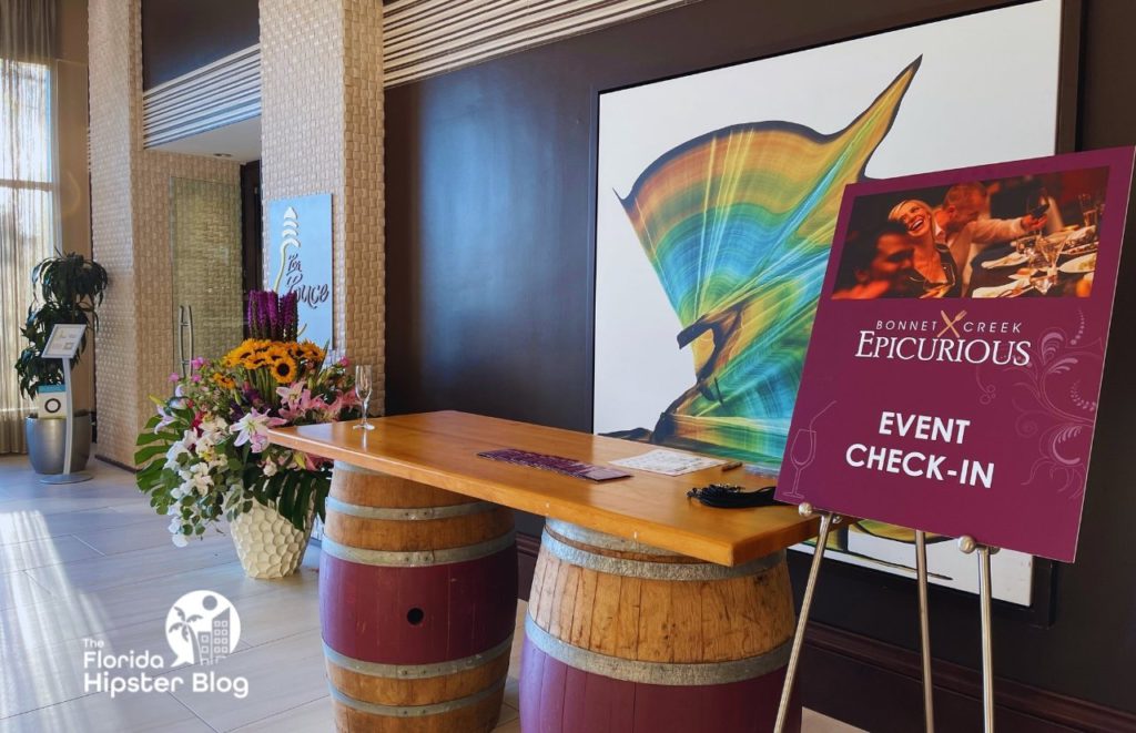 Bonnet Creek Epicurious Dinner Entrance at Hilton Signia la Luce. Keep reading to discover where to stay in Orlando. 