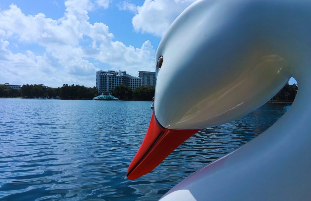 Lake Eola Swan Ride in Downtown Orlando Florida. Keep reading for more romantic getaways in Orlando.
