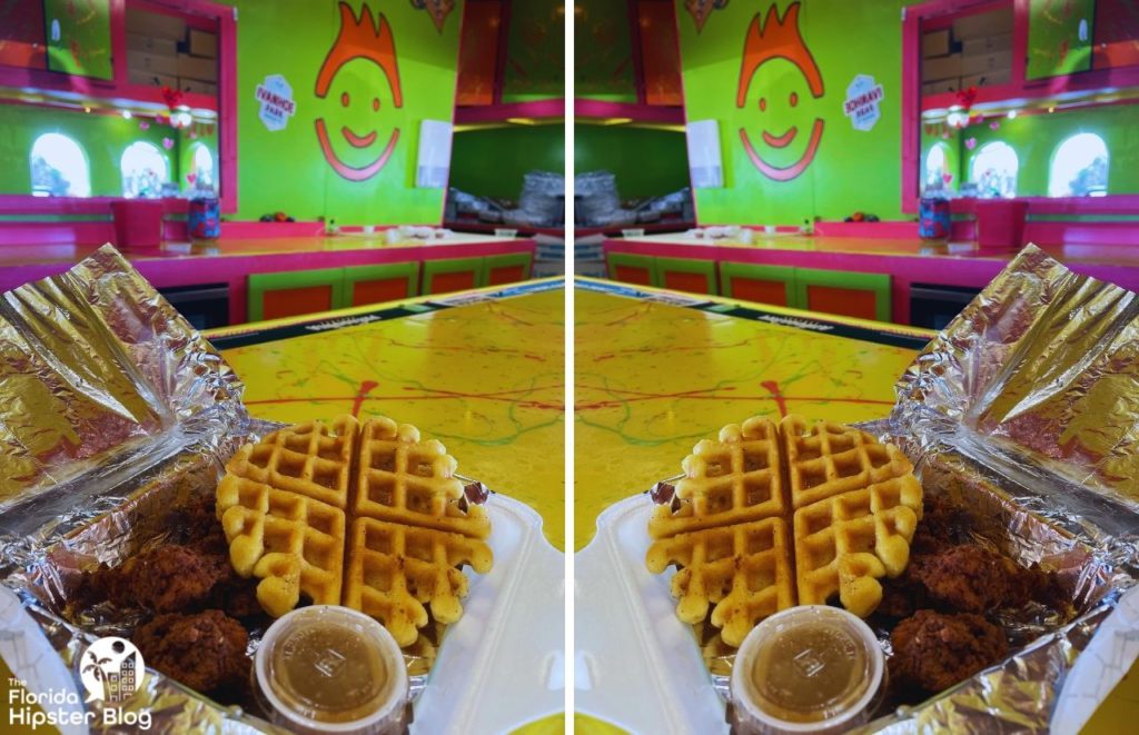 FK Your Diet Orlando Chicken and Waffles with syrup. Keep reading to find out more about the best breakfast in Orlando.