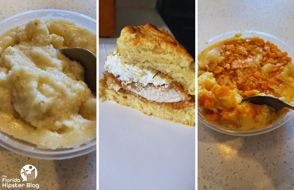 Grits, chicken biscuit with goat cheese, and mac and cheese from the Maple Street Biscuit Company in Kissimmee, Florida. Keep reading for more places to get the best breakfast in Kissimmee, Florida. 