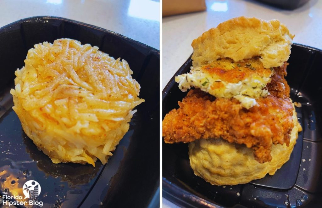 Maple Street Biscuit Company Hash Browns and Chicken Biscuit with Goat Cheese