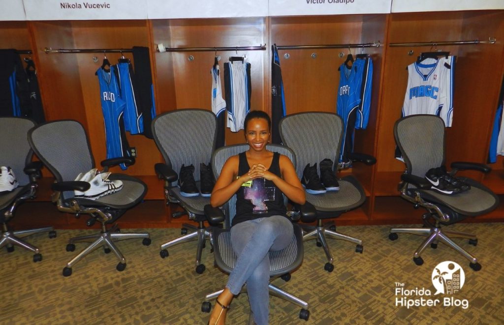 NikkyJ in the athlete's area of an Orlando Magic Game at Amway Arena. Keep reading to find out more places to go when you're bored in Orlando. 