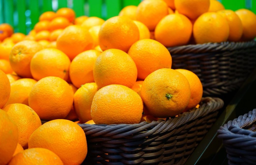 Oranges in baskets. Keep reading to find out the best farms to visit in Tampa.