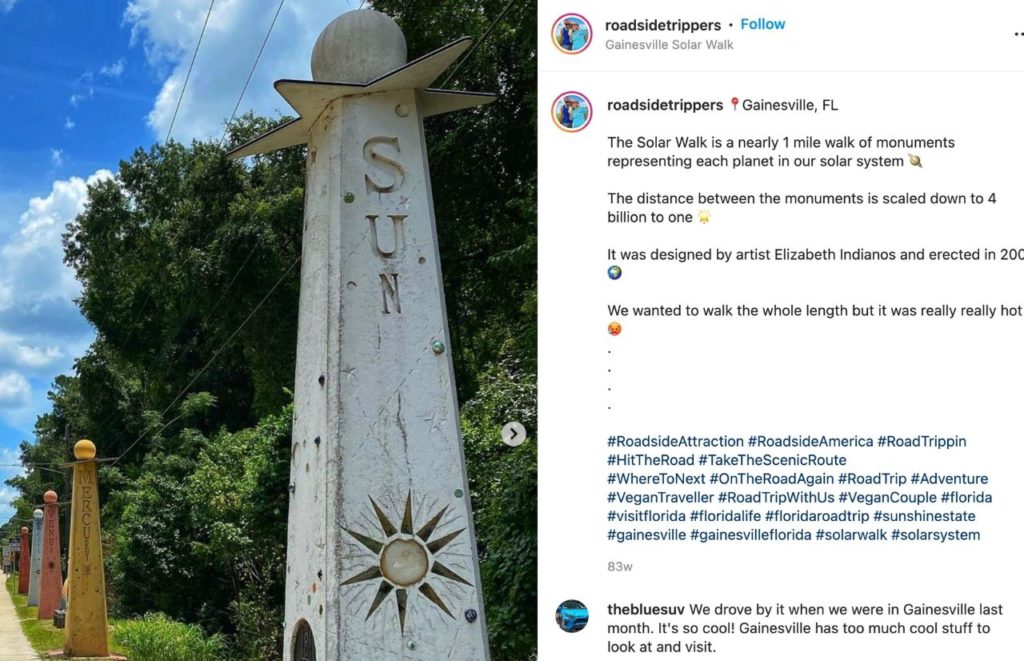 Solar Walk in Gainesville Florida from Roadside Trippers Instagram Page. Keep reading to find the top things to do in Gainesville.