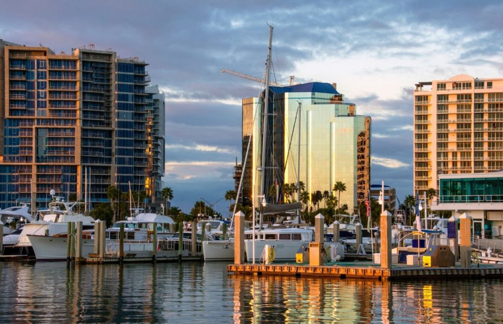 Bay Area view of downtown Sarasota with boats parked in Florida. Keep reading to get the best beaches in florida for bachelorette party.