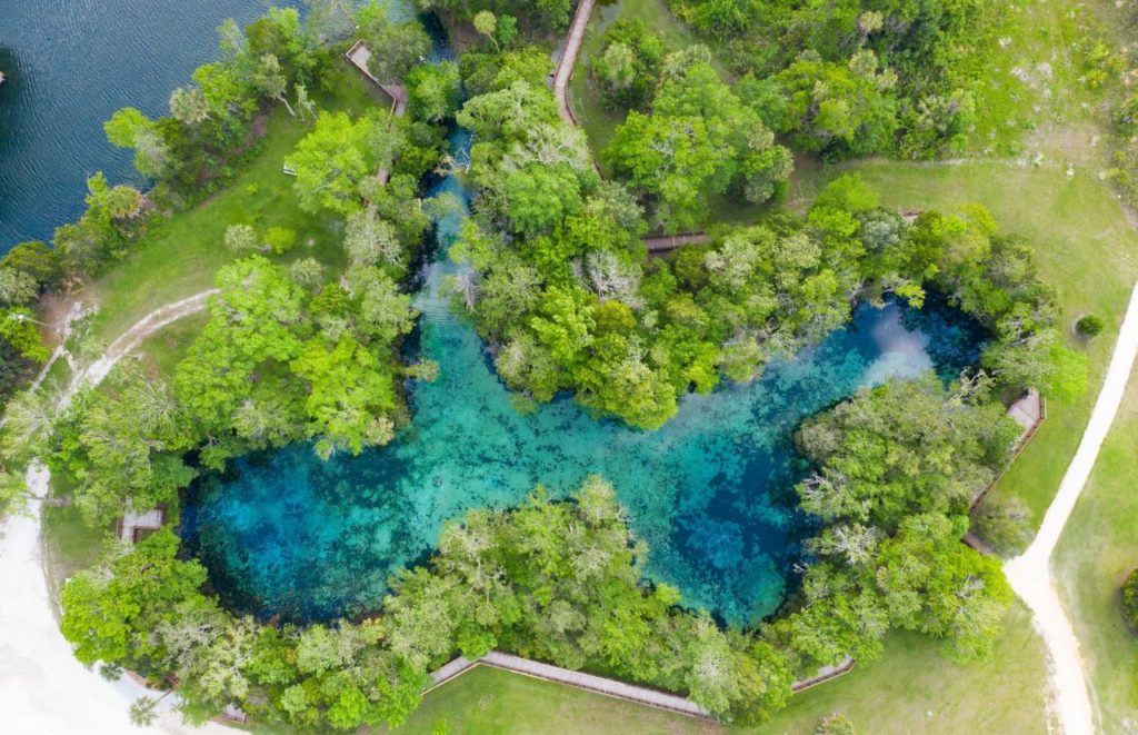 A drone shot of Three Sisters Springs in Crystal River, Florida. Keep reading for more places to take a perfect day trip from Orlando, Florida. 
