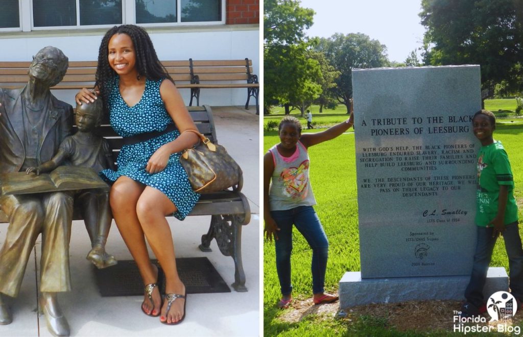 A woman sits on a bench with statues  in downtown Leesburg, Florida and Venetian Gardens. Two children stand near the Tribute to the Black Pioneers CL Smalley in downtown Leesburg, Florida. Keep reading for more places to take a perfect day trip from Orlando, Florida. 