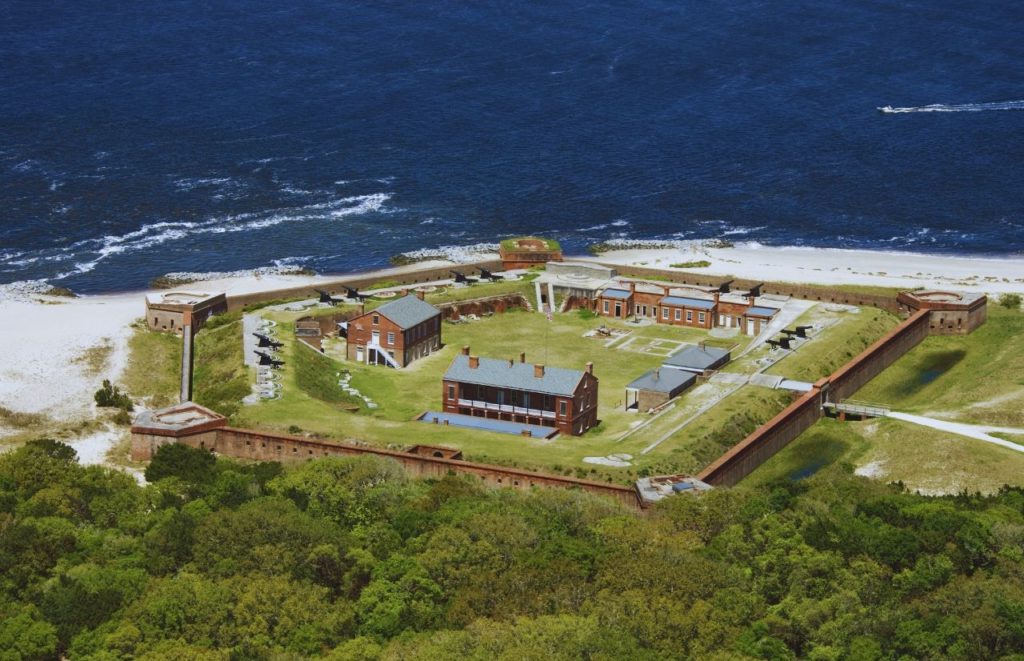 An aerial view of Fort Clinch State Park near Amelia Island, Florida in front of the Gulf of Mexico. Keep reading for more places to take a perfect day trip from Orlando, Florida. 