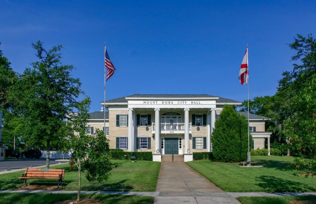 The exterior of Mount Dora City Hall in Mount Dora, Florida. Keep reading for more places to take a perfect day trip from Orlando, Florida. 