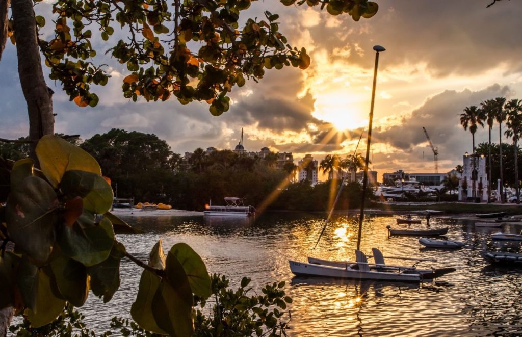 Boats sit in the bay at Sarasota, Florida. Keep reading for more places to take a perfect day trip from Orlando, Florida. 