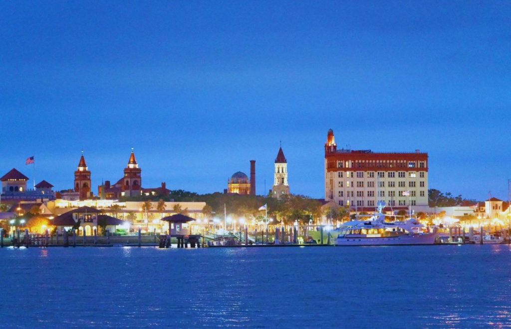 St Augustine Night Skyline near Matanzas River. Keep reading to find out all you need to know about the best things to do for 4th of July in Florida.  