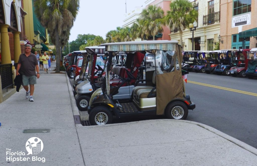 The Villages Florida Town Square with Golf carts. Day trip from Gainesville, Florida.