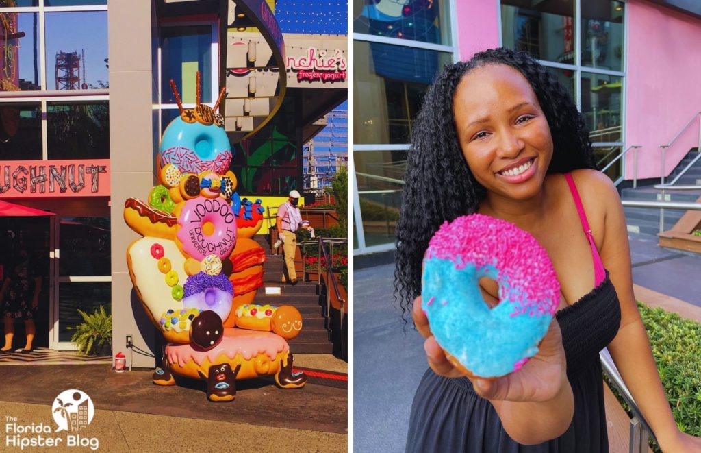 NikkyJ with a Miami Vice Donut and a photo of the big Donut Chair at VooDoo Doughnut at CityWalk Universal Orlando Resort. Keep reading to discover the fun things to do in Orlando tonight.