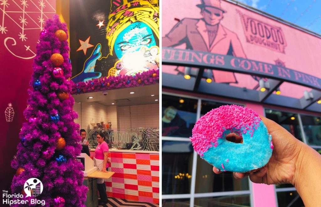 VooDoo Doughnut at Universal Orlando Resort CityWalk Purple Christmas Tree and Miami Vice Donut. Best dessert in Orlando.