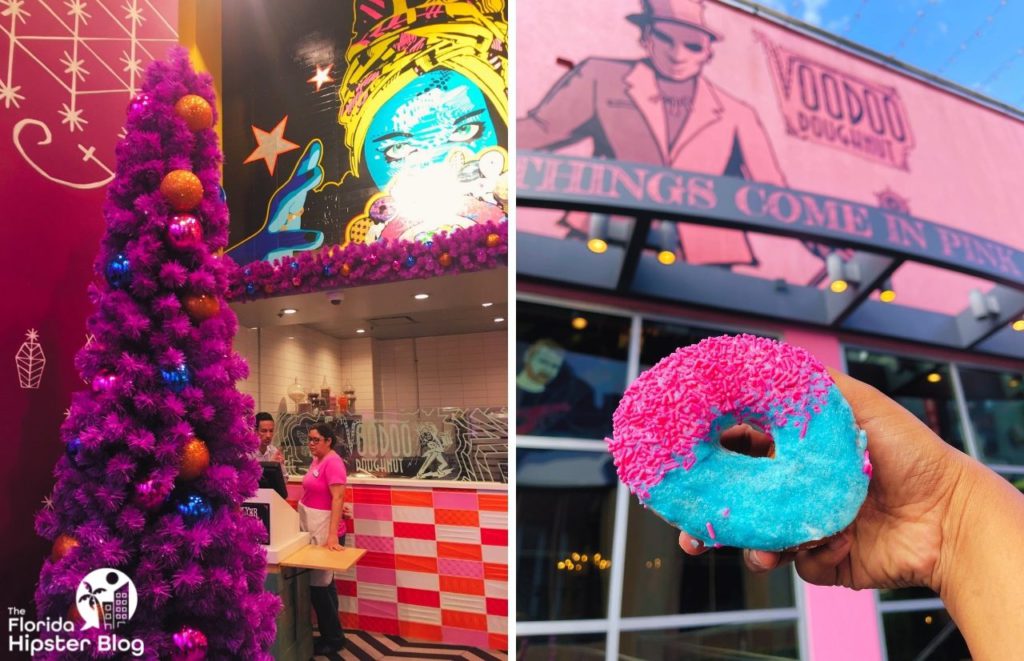 VooDoo Doughnut at Universal Orlando Resort CityWalk Purple Christmas Tree and Miami Vice Donut. Keep reading to find out more about Orlando desserts. 