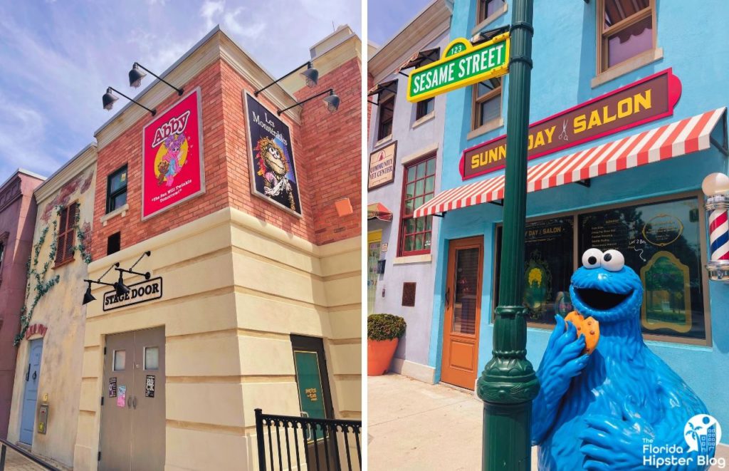 Abby and Cookie Monster in Sesame Street Land SeaWorld Orlando. Keep reading to find out how to visit Orlando with toddlers. 