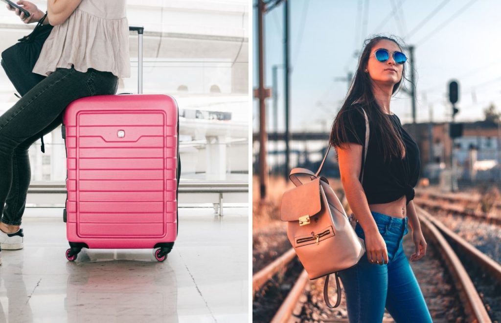 Lady sitting on pink suitcase and lady on train tracks with brown back pack. Keep reading to discover if you can fly JetBlue with a carry-on.