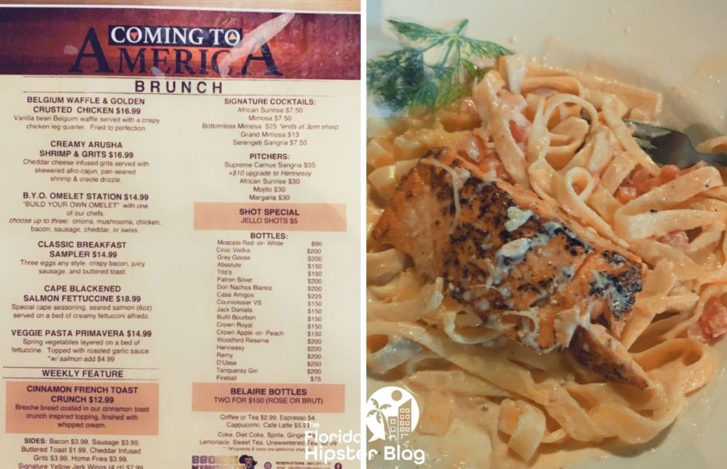 Coming to America Brunch at the Bronze Kingdom in Orlando Florida Menu with Salmon over Pasta. Best brunch in Orlando.