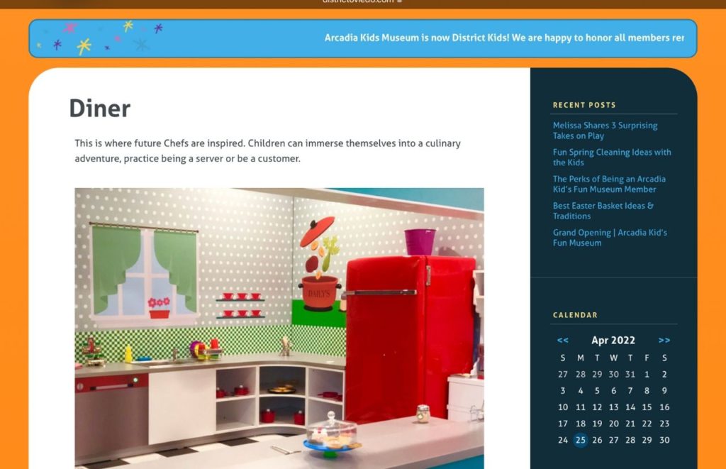 District Kids Website Screenshot of Diner. Keep reading to find out how to visit Orlando with toddlers adn babies.