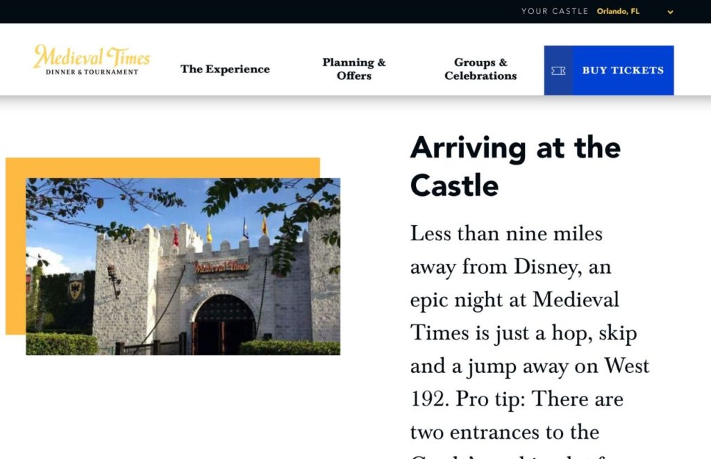 Medieval Times Website Screenshot. Keep reading to get more ideas of what to do in Orlando with toddlers.  